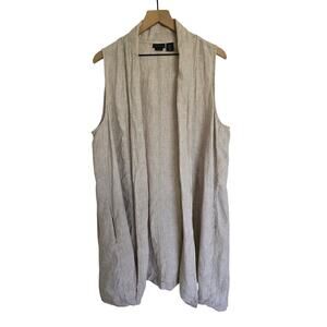 Tahari Linen Open Front Duster Vest Oatmeal Neutral Size L